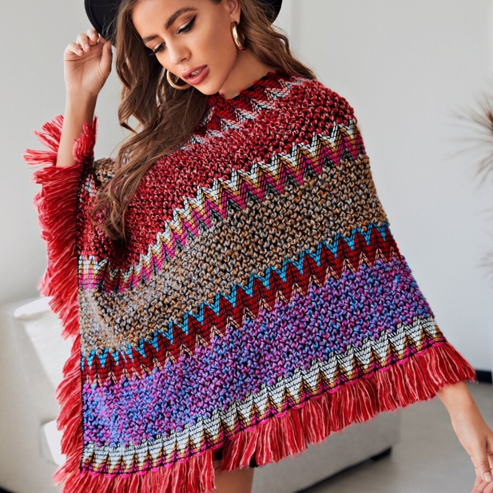 Fringe Hem multi color Sweater Poncho - TAN - Picture 6 of 12